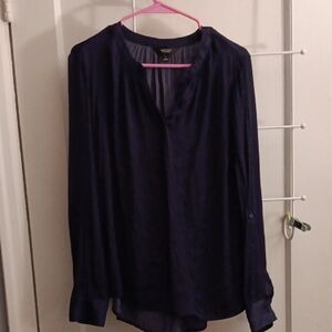 Simply Vera Navy Silky Long Sleeve 3/4 Button Down Mock Neck Top